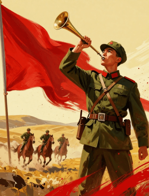 厚涂质感素材：炽热革命：油画风的战士号角海报