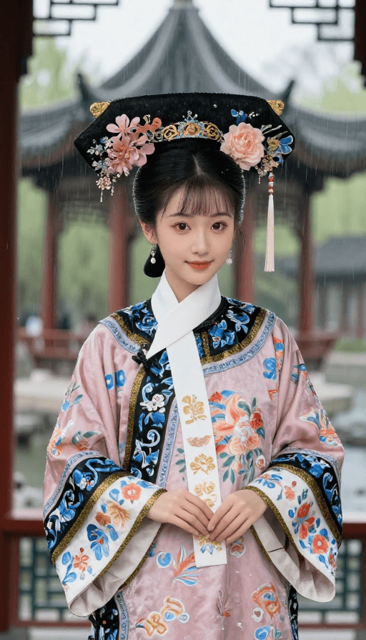 华丽场景素材：清奇古装少女：日漫风御花园听雨图