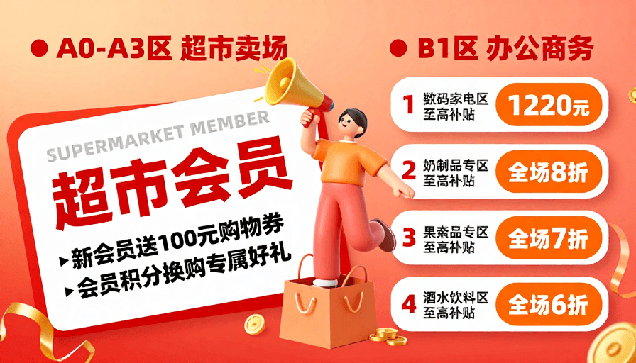 会员权益素材：活力商场促销海报：暖色调会员优惠宣传图