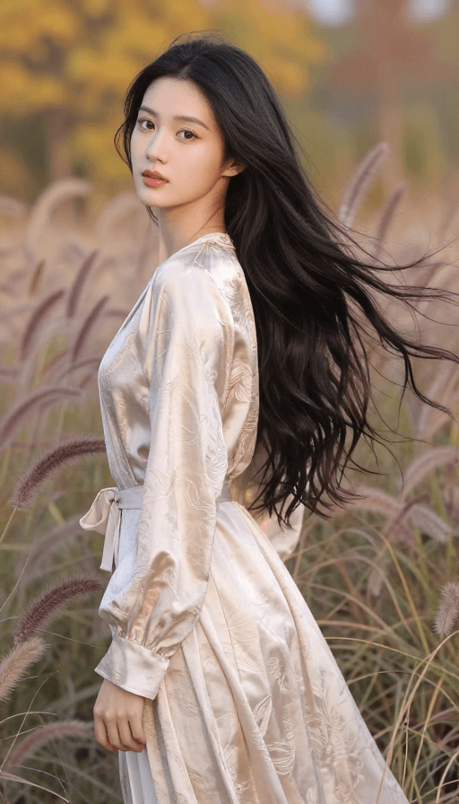 户外拍摄素材：丝绸衣饰女子陶醉秋日春光交织的自然美景