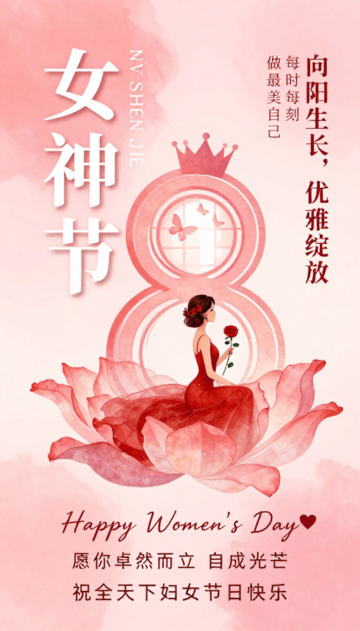 中文字体素材：粉色渐变梦幻女神节海报：柔美与力量并存