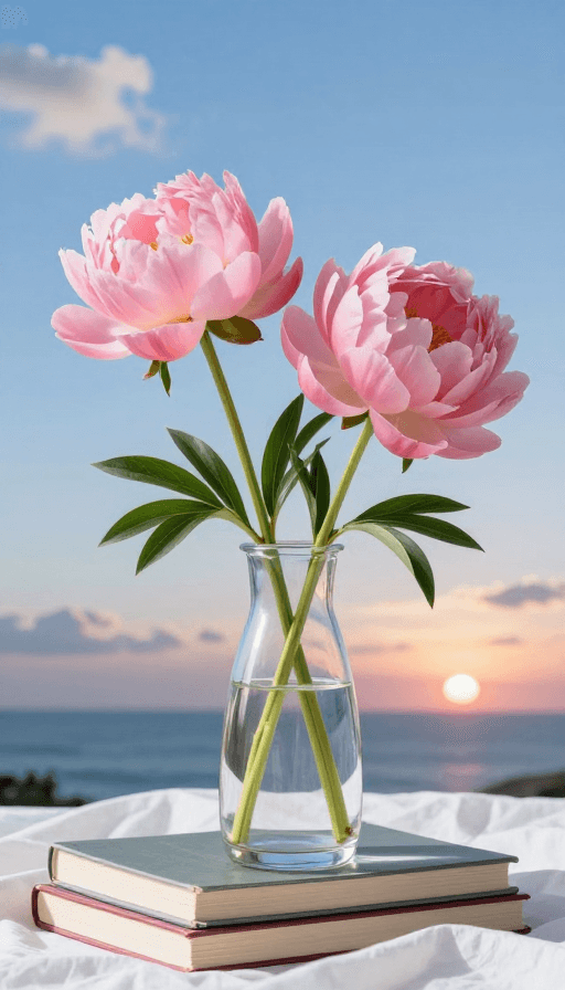 透明玻璃花瓶素材：透明花瓶盛粉芍药，碧海落日映写实景