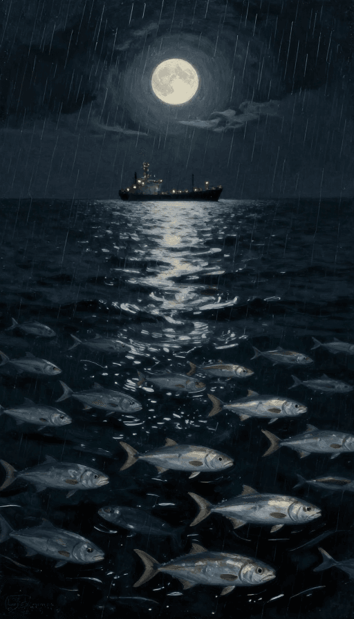 货船灯光素材：月夜深海巨鱼与货船灯火