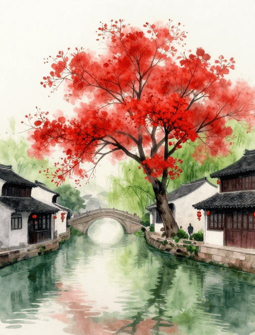 日出素材：晨曦江南水墨韵：花红兰绿水彩画卷