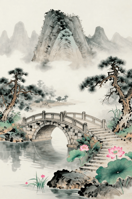 传统山水素材：水墨灰山云雾绕，粉荷绿草映古桥