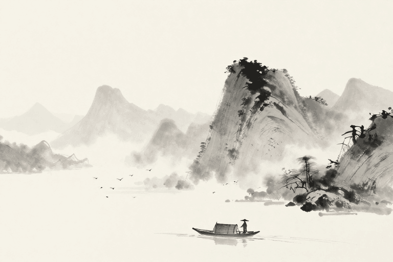 山水风景素材：墨韵留白 · 渔隐图景：东方水墨意境