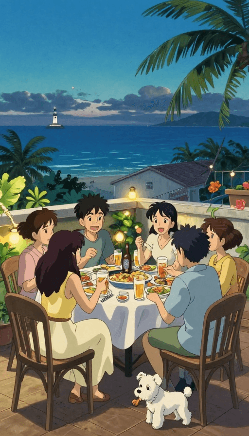 海边露台聚会素材：宫崎骏风海南夏夜露台聚会温馨插画