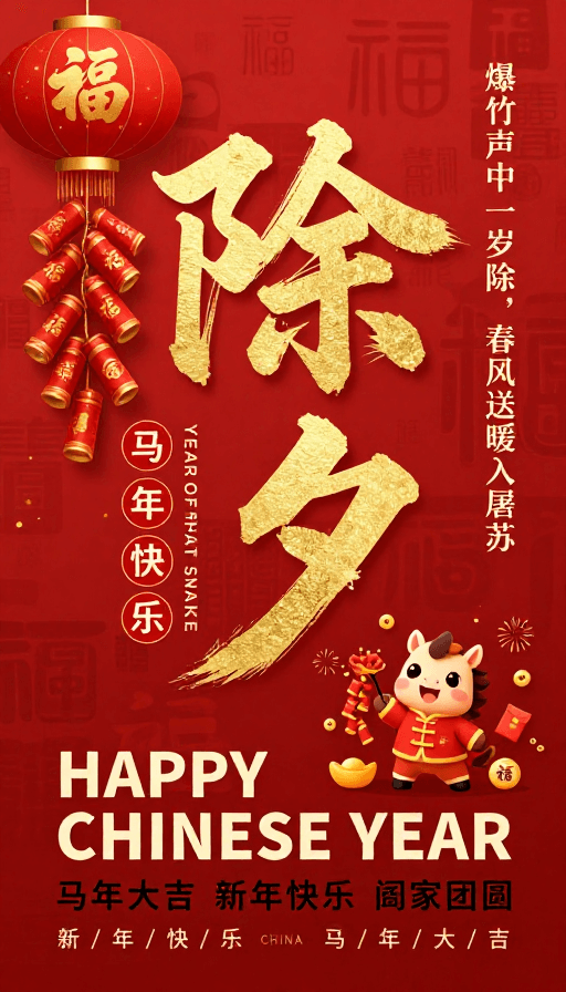 节庆插画素材：红金中国风马年新春海报：除夕与福运齐飞