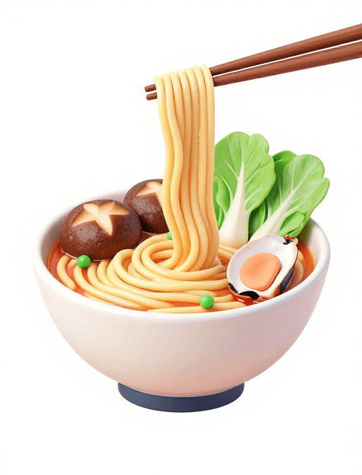 日式拉面素材：3D手绘日式拉面：清新海鲜与蔬菜的美味呈现