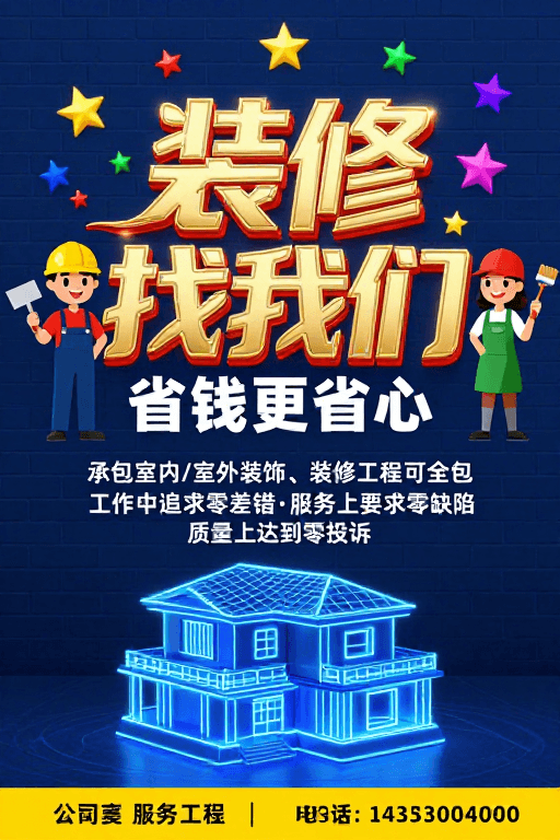 装修服务素材：装修服务专业之选：深蓝背景卡通工人促销图