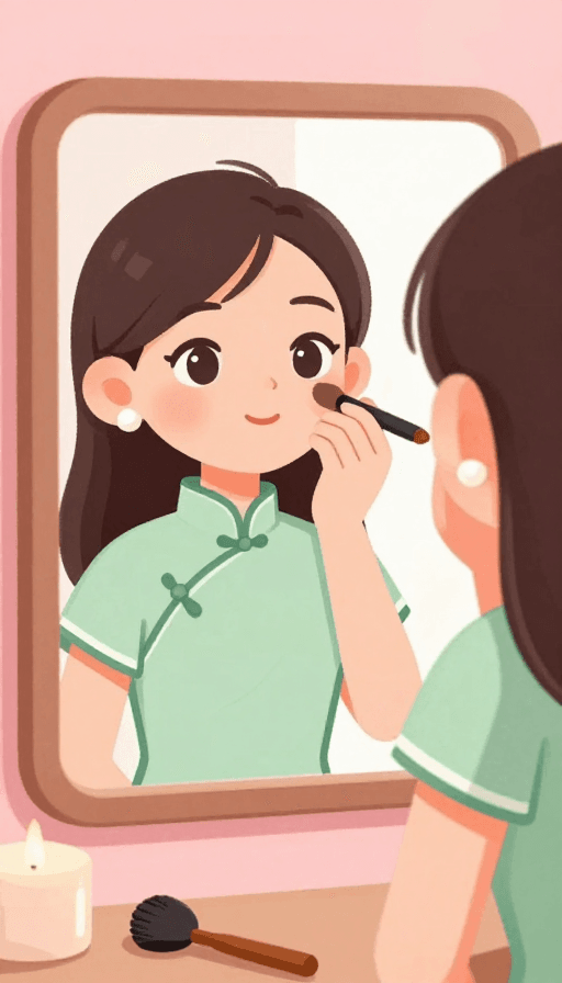 头像设计素材：暖粉光线下淡绿旗袍少女镜前特写