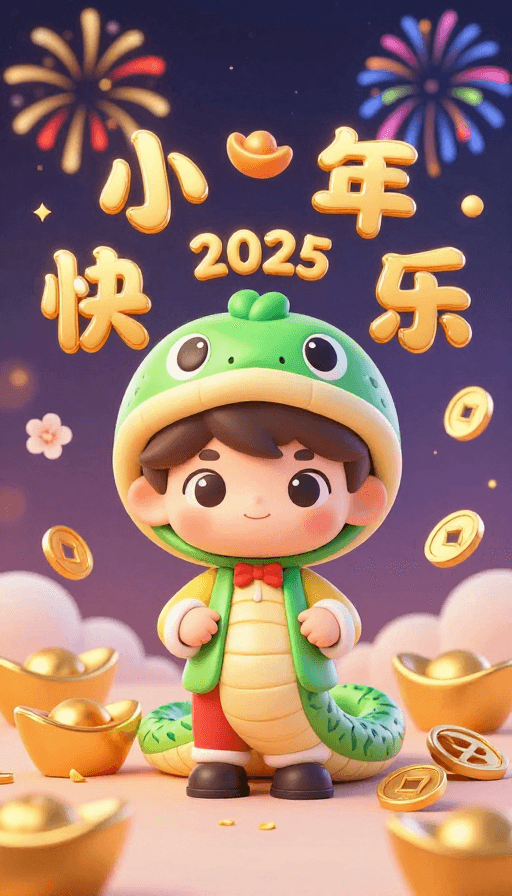 夜空烟花素材：3D卡通新春祝福：烟花樱花下的2025快乐小孩