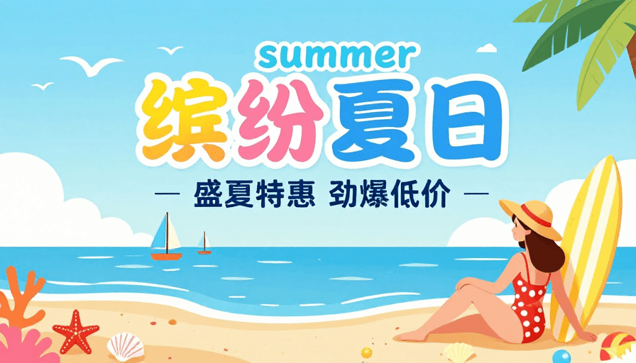 海滩度假素材：缤纷夏日：清新插画风夏日促销海报