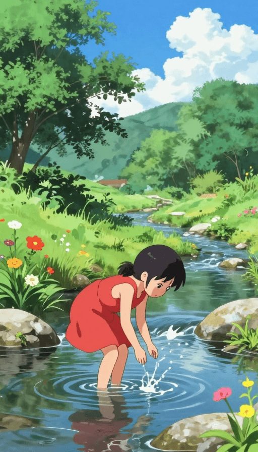 高清插画素材：夏日溪畔红衣少女嬉戏：日系动漫风高清美图