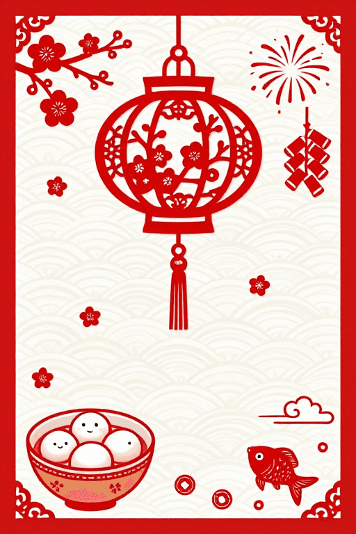 红色剪纸素材：传统剪纸春节插画：红白梅花宫灯与节庆元素