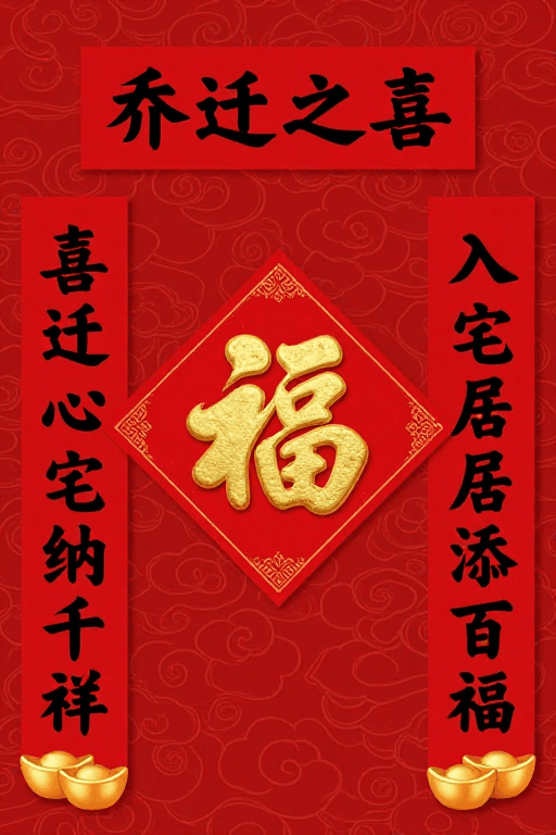喜庆图案素材：红金配色中式乔迁福字春联海报