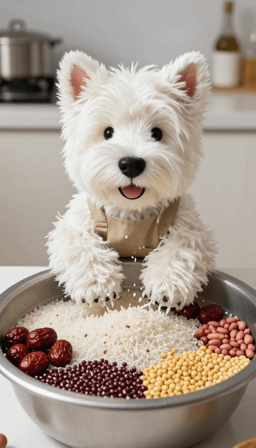 健康食材素材：萌犬洗米！西高地厨房治愈瞬间