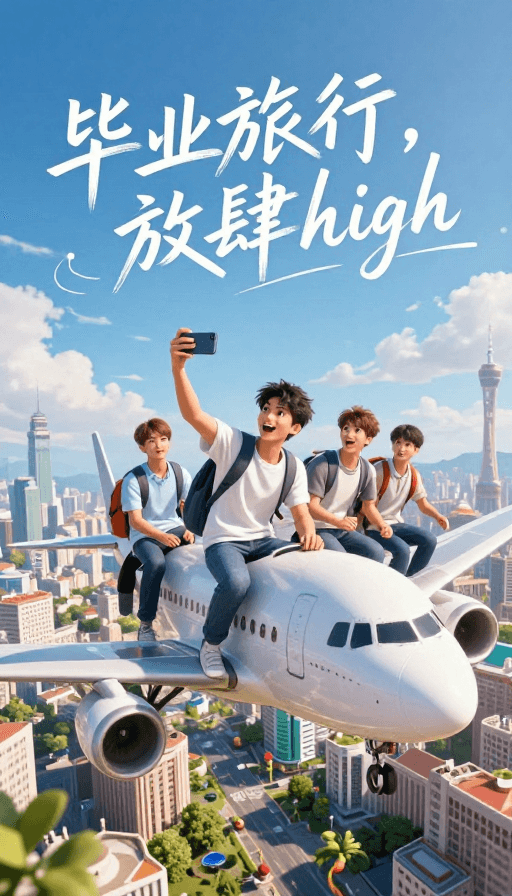 航拍视角素材：毕业旅行：青春翱翔天际，放肆high的CG海报
