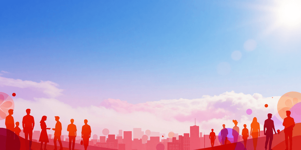 渐变天空素材：极简梦幻：城市人群剪影与渐变天空背景图