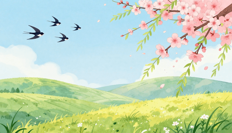 水彩风格素材：春日治愈田园插画：樱花燕语，清新水彩