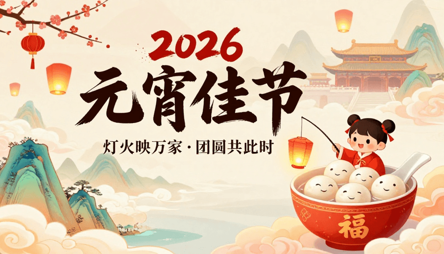 春节庆典素材：2026元宵佳节·温暖团圆插画海报