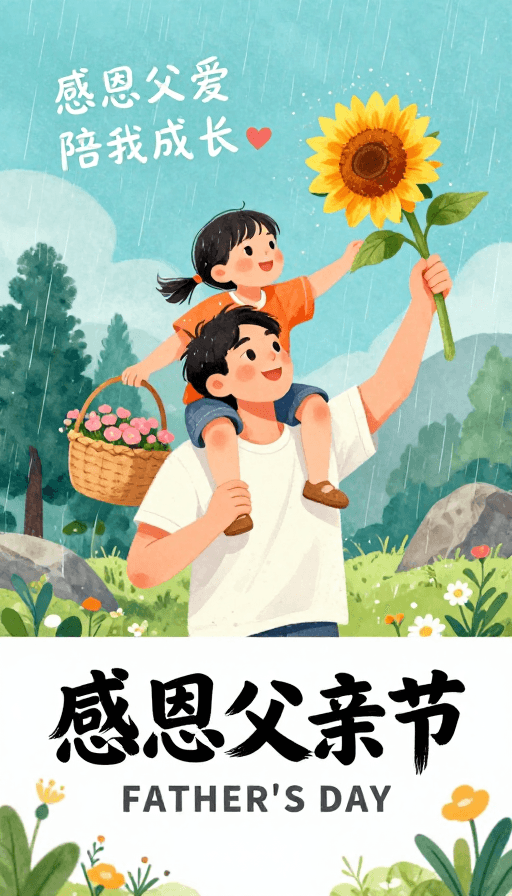 父亲节素材：水彩温馨父爱插画：感恩父亲节海报