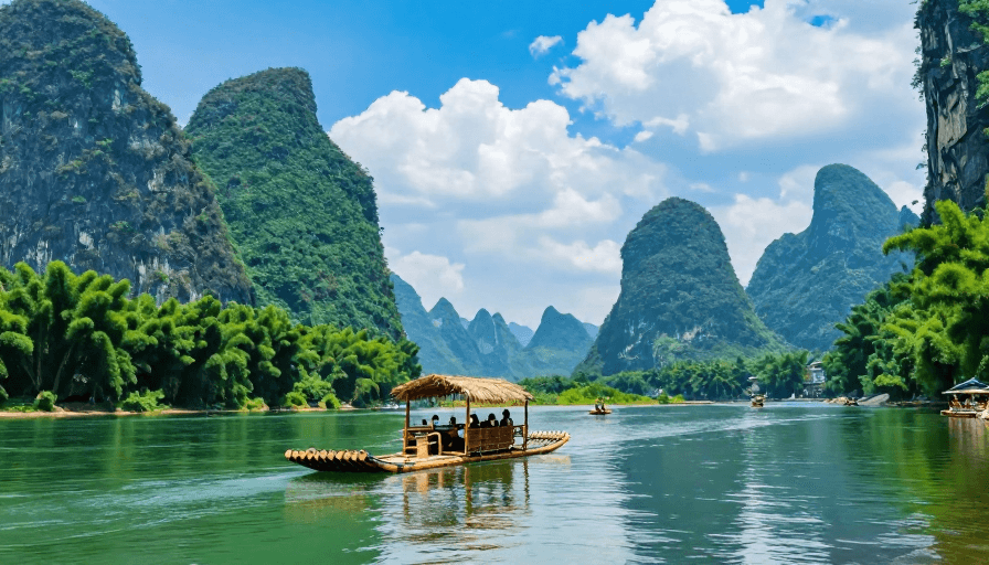 蓝绿色调素材：漓江竹筏漫游：喀斯特山水间的清新之旅