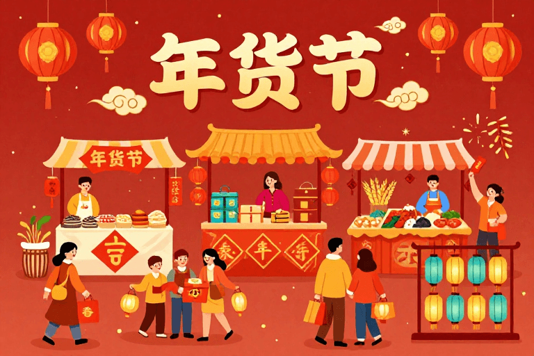 节庆市集素材：朱红金箔年味浓郁：扁平手绘年货市集插画