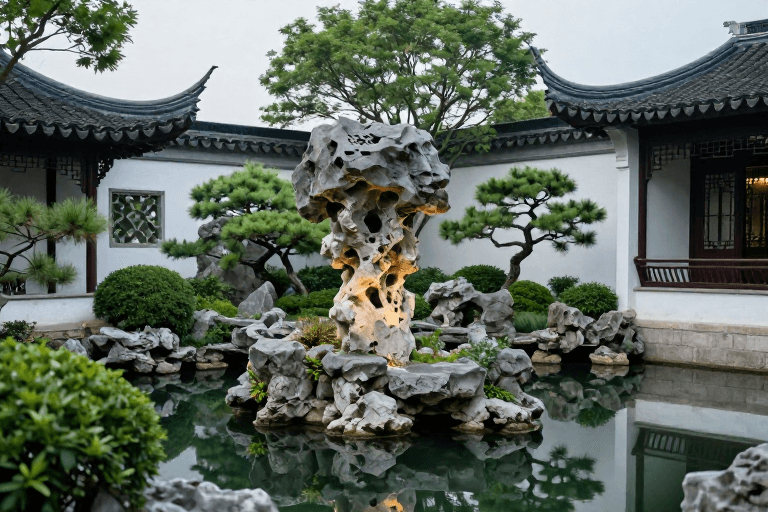 冷调氛围素材：中式古典园林：太湖石假山与青翠水景的冷调倒影