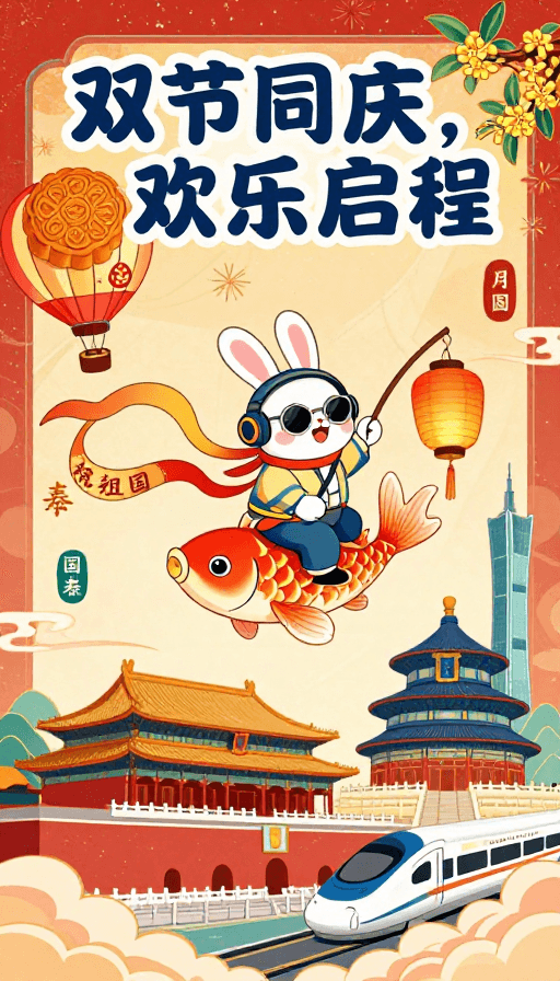 国潮插画素材：玉兔国潮绘双节，欢乐启程迎中秋国庆