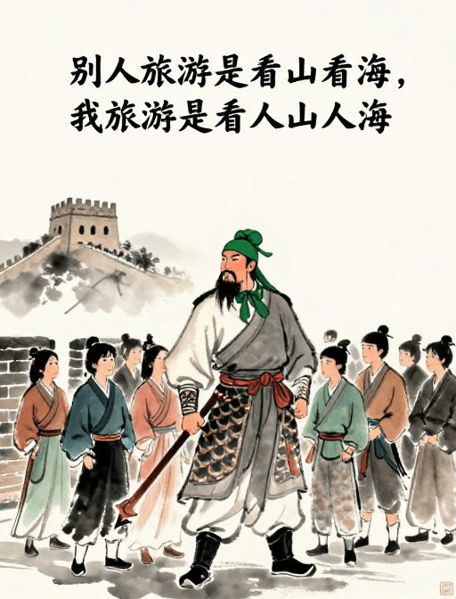 古风素材：水墨关公探长城：人海中的另类风景