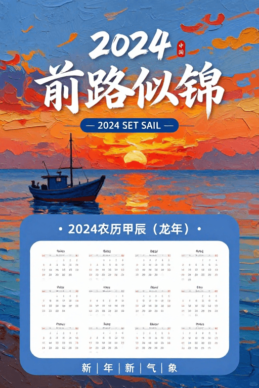 日历海报素材：2024油画日历，前路似锦