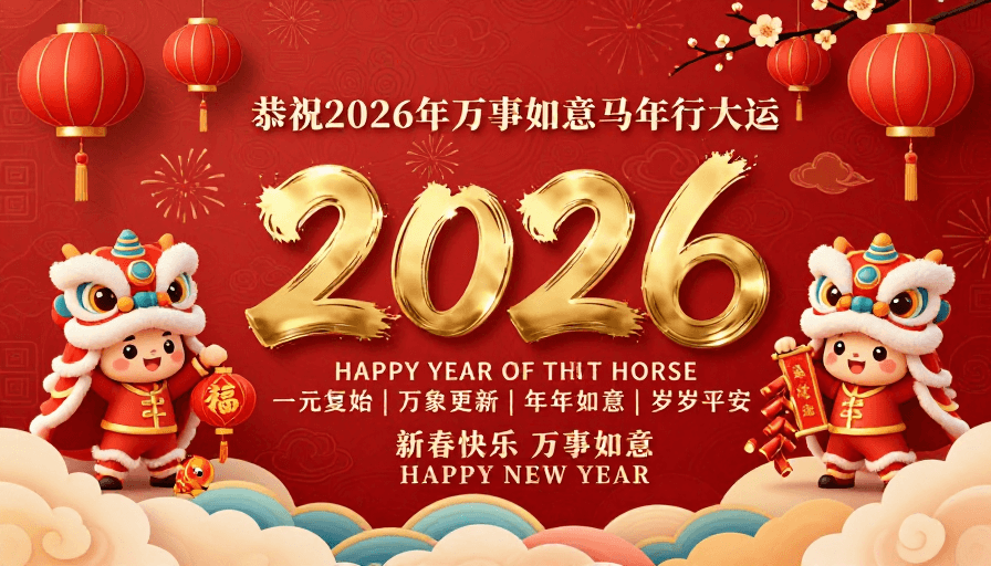 春节促销素材：2026马年新春贺岁：红金传统风插画海报