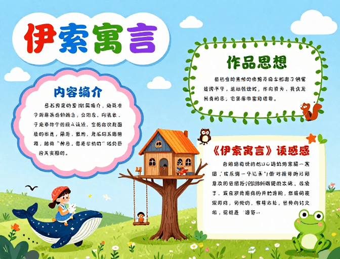 手绘质感素材：多彩伊索寓言：童趣自然教育海报