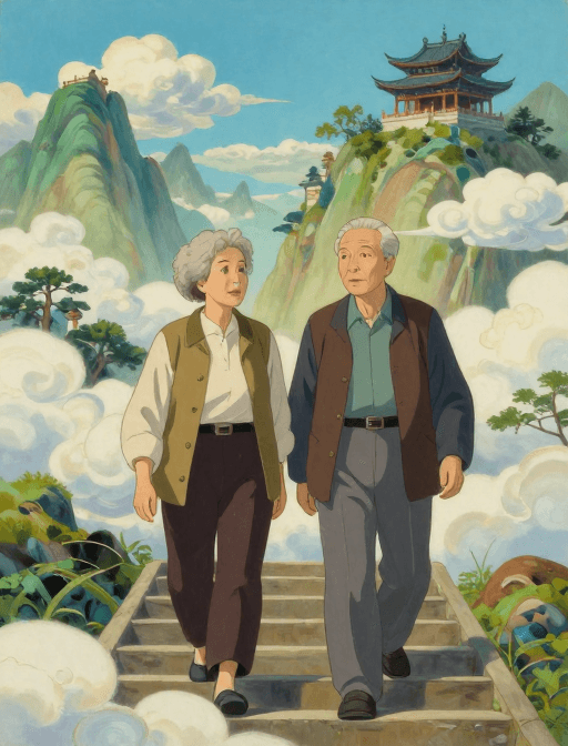 动漫插画素材：祥云绕山间 古建映青春——吉卜力风双人插画
