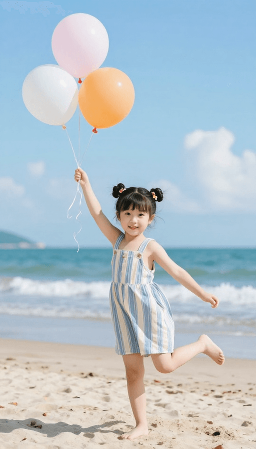 条纹背带裙素材：阳光海滩上的甜美童心：活泼小女孩写真