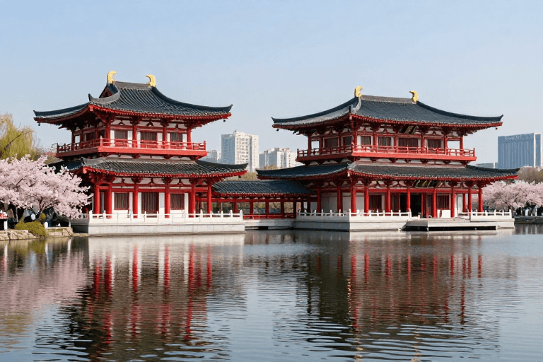 古建筑群素材：唐代古韵与现代都市交融的樱花湖畔