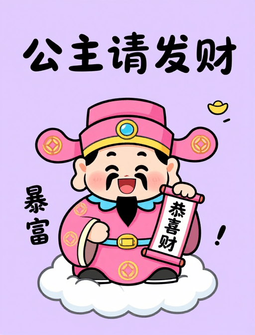 新春祝福素材：Q版财神喜迎新春，公主请发财