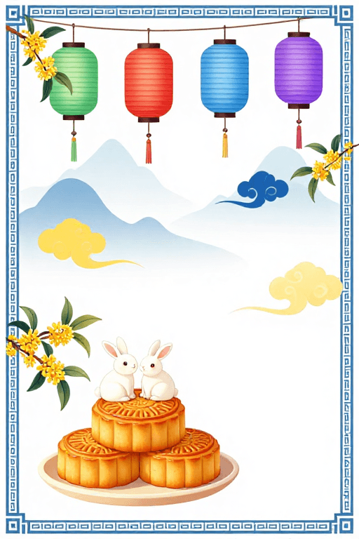 传统装饰素材：中秋雅韵：中国风玉兔月饼插画