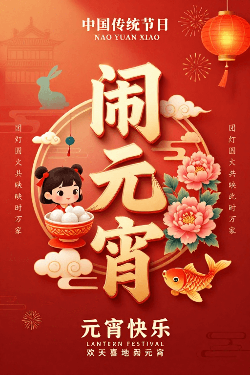 喜庆风格素材：闹元宵：传统佳节喜庆海报插画