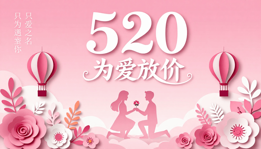 立体设计素材：粉彩纸艺520 情人节浪漫求婚海报