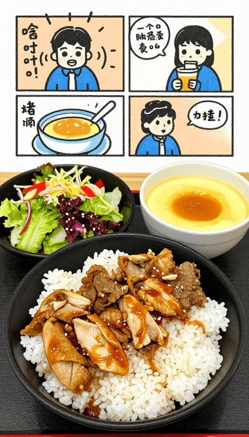 漫画风插画素材：手绘漫画风健康午餐展示图