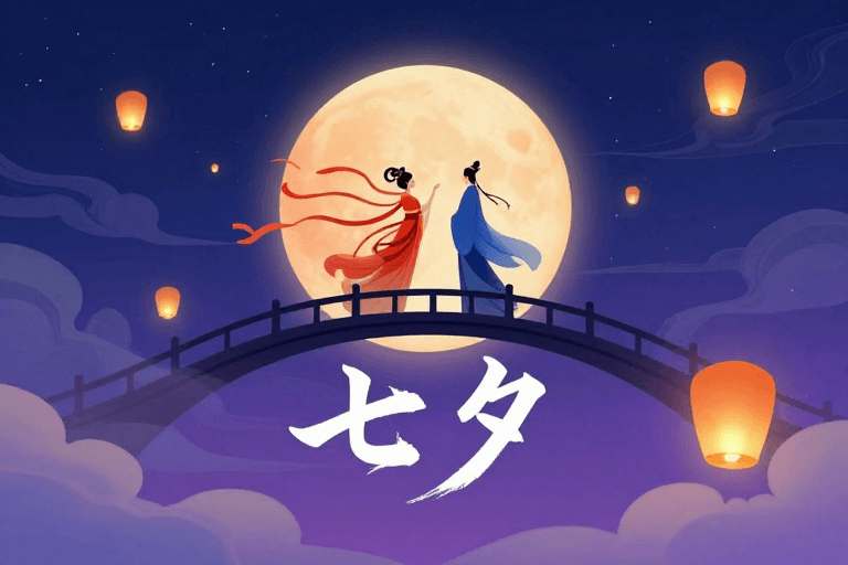 七夕节素材：梦幻国风七夕夜：月轮拱桥与红衣飞天