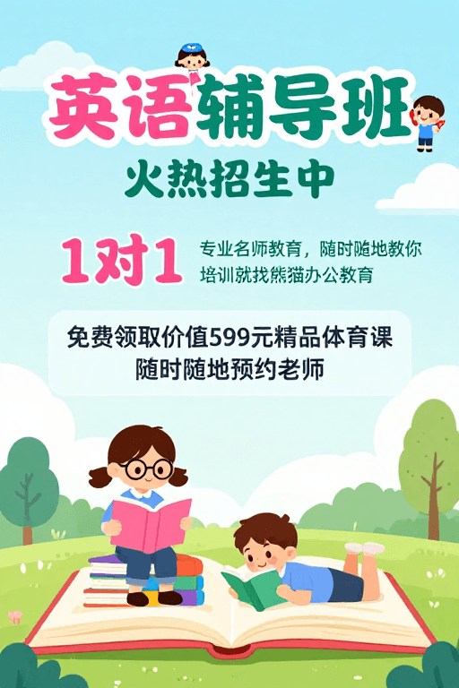 英语辅导素材：童趣英语辅导班 清新插画风招生海报