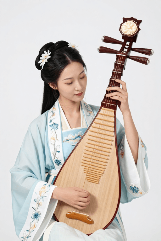 商业级摄影素材：清雅琵琶：汉服女子的传统艺术演奏瞬间