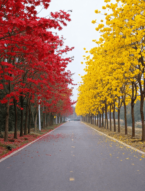 自然摄影素材：红枫黄银杏铺路，秋日玄幻梦幻公路