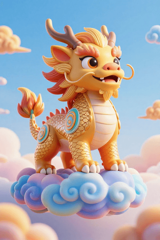 祥云图案素材：萌趣3D麒麟跃上云霄