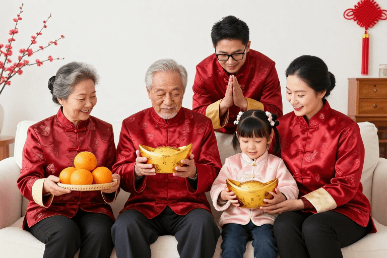 新春祝福素材：五口同堂庆新春，红金刺绣映福运