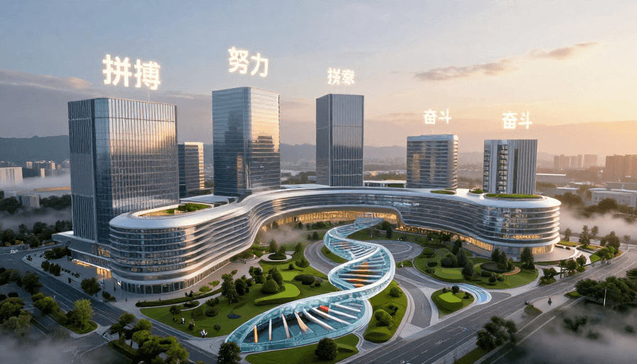 三维渲染素材：晨雾中的科技园区三维动态场景全景