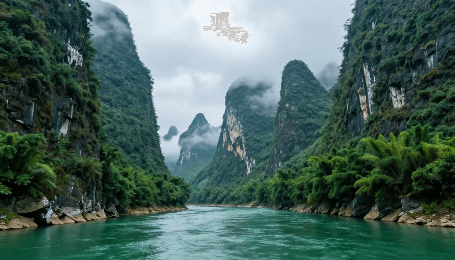 喀斯特地貌素材：漓江峡谷静谧风光：青冷色调的自然诗篇